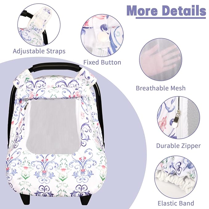 Car Seat Cover Baby, Infant Car Seat Covers Canopy for Baby Girl Boy, Cozy & Windproof Newborn Carseat Covers Minky Dot Backing Stroller Cover with Breathable Mesh Window, Blue Floral
