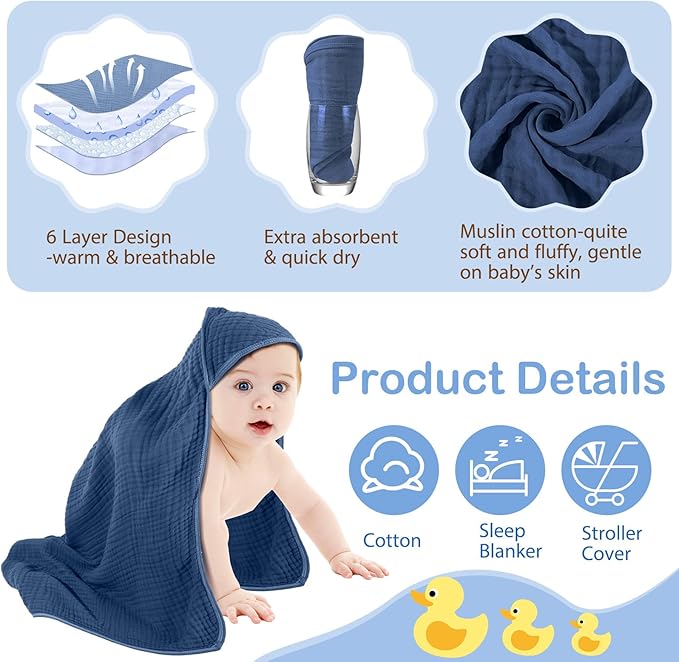 Peryiter 6 Pcs Muslin Hooded Baby Towels 32x32inch Cotton Newborn Bath Essentials Muslin Infant Blankets Absorbent Registry Baby Shower Present for Babies Girl Boy Kids (Gray Series)