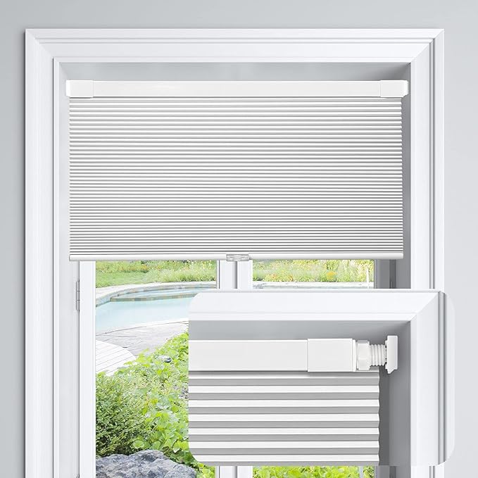 LazBlinds Cordless Cellular Shades, No Tools No Drill Blackout Honeycomb Shades Pleated Blinds for Windows, 28'' W x 36'' H, Silver White