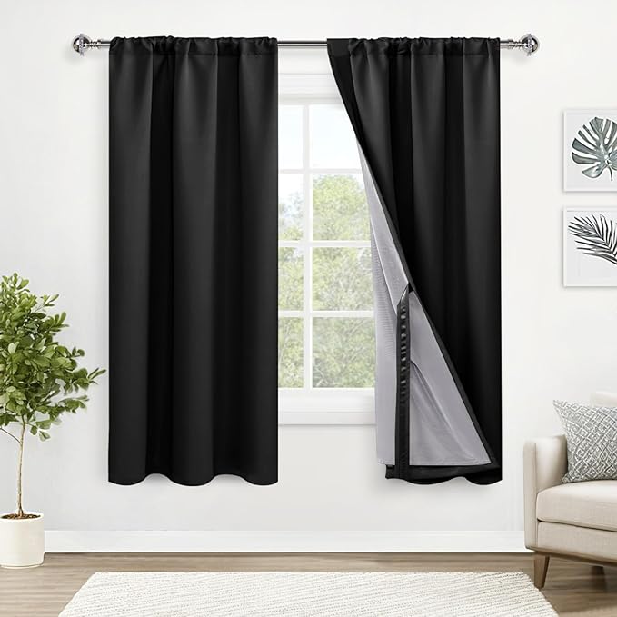 XWZO 100% Blackout Window Curtains - Thermal Insulated & Noise Reduction Black Liner Rod Pocket & Back Tab Window Treatment Sewn with Tiebacks for Bedroom/Living Room, Black, W42 x L63, Set of 2