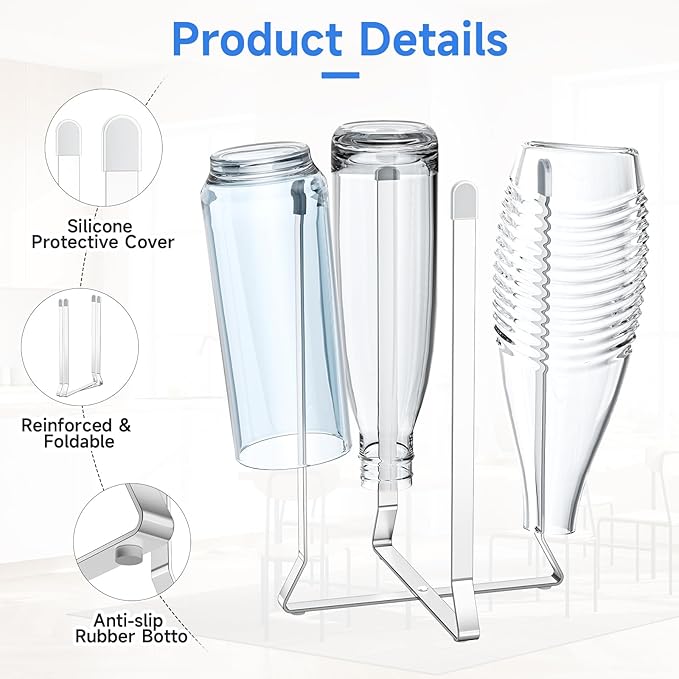 LOXSUN Water Bottle Drying Rack, Baby Bottle Dryer Rack, Stainless Steel Bottles Drying Rack, Collapsible Cup Rack Dryer, Kitchen Cup Storage for Travel Bottles, Reusable Bags (Silver)