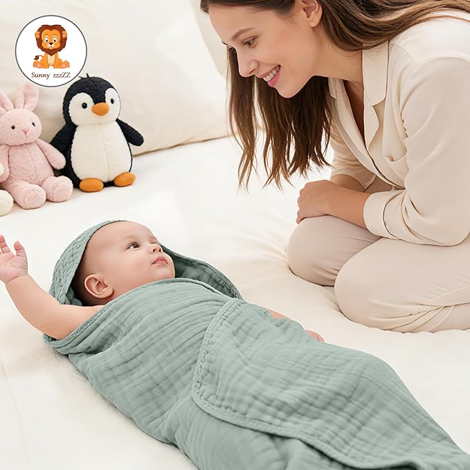Sunny zzzZZ Muslin Hooded Baby Bath Towels - 3 Pack 100% Cotton Soft Low-Saturation Pastel Towels Including Classic White for Newborns, Infants, Toddlers - 32x32 Inch - Light Emerald and White