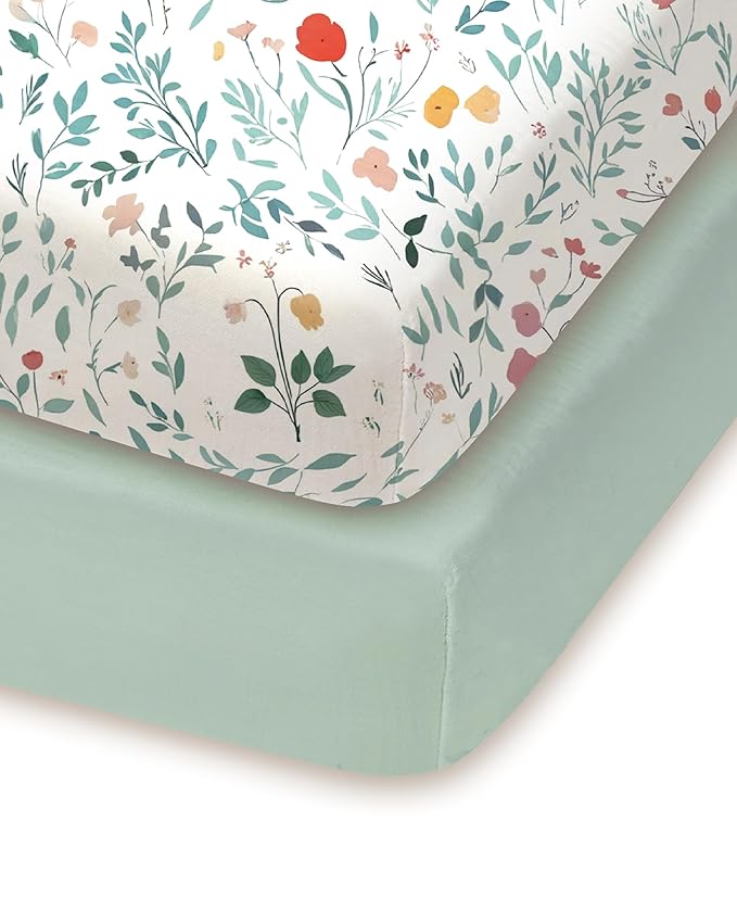 Pack and Play Sheets Fitted, Soft Green Leaf+Flower, Ultra Soft, Hypoallergenic and Breathable, 2 Pack for Baby Boys and Girls