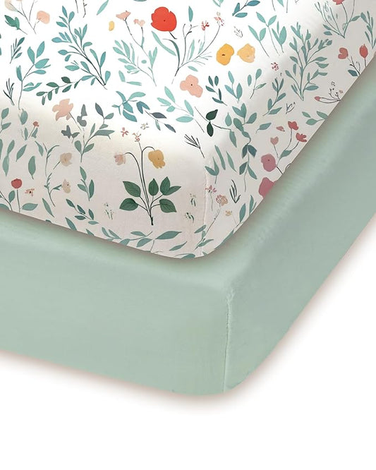 Pack and Play Sheets Fitted, Soft Green Leaf+Flower, Ultra Soft, Hypoallergenic and Breathable, 2 Pack for Baby Boys and Girls