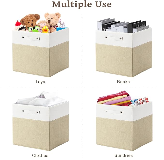 13 x 13 Inch Fine Linen Storage Bins with Handles，Fabric Cube Boxs，Basket Organizers for Shelves for Home, Closet Drawers (White/Khaki-6 Pack)