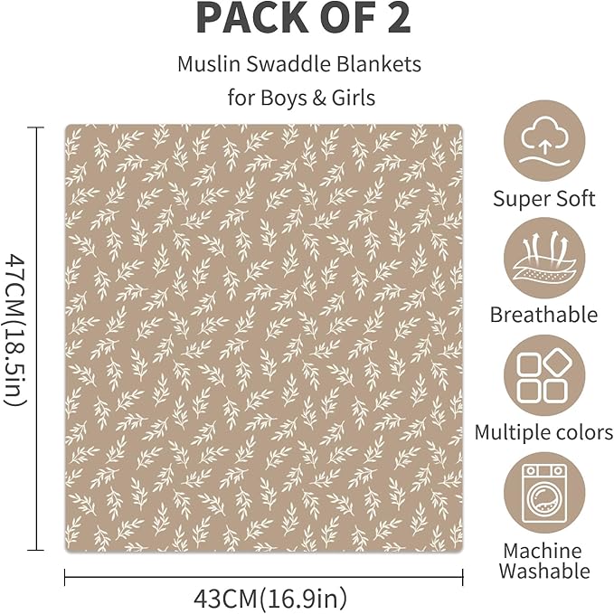 Baby Muslin Swaddle Blankets,2 Pack Receiving Blanket Baby Girl & boy,Large47 x 43 inches,Soft & Skin Friendly Baby Blanket Wrap(Brown)