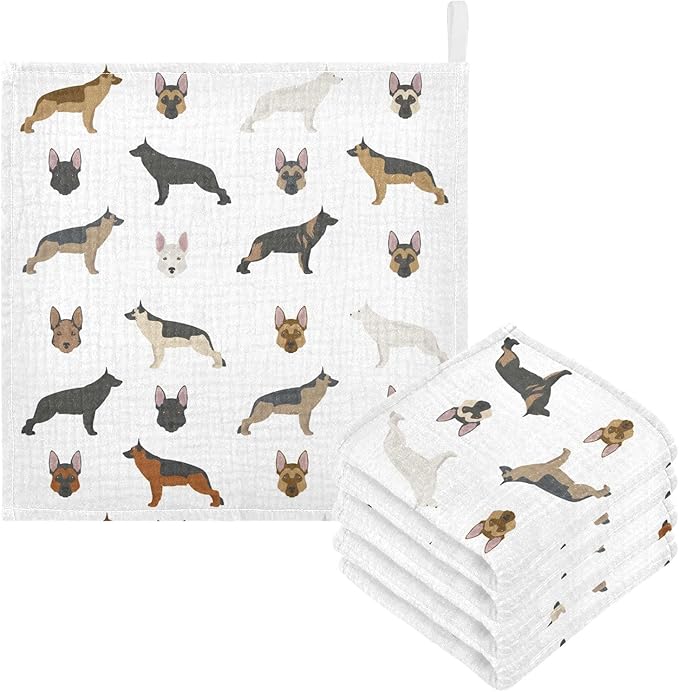 vvfelixl Baby Muslin Washcloths Cute German Shepherd Dog Baby Burp Cloths Cotton Baby Face Towel for Newborn Infants Boys Girls Soft and Absorbent 11.8 X 11.8 in, 3 Pack
