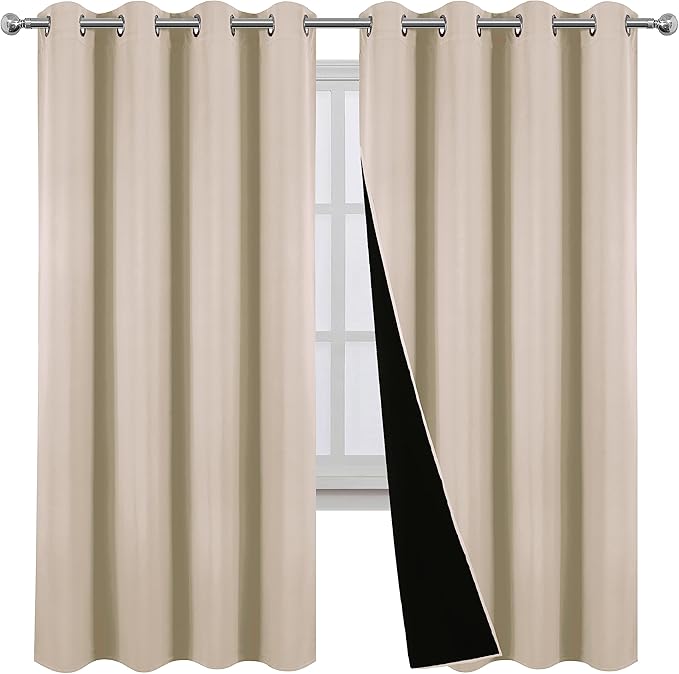 LEMOMO Blackout Curtains 52 x 72 Inch Light Beige Curtains 2 Panels Darkening Thermal Insulated Bedroom Curtains