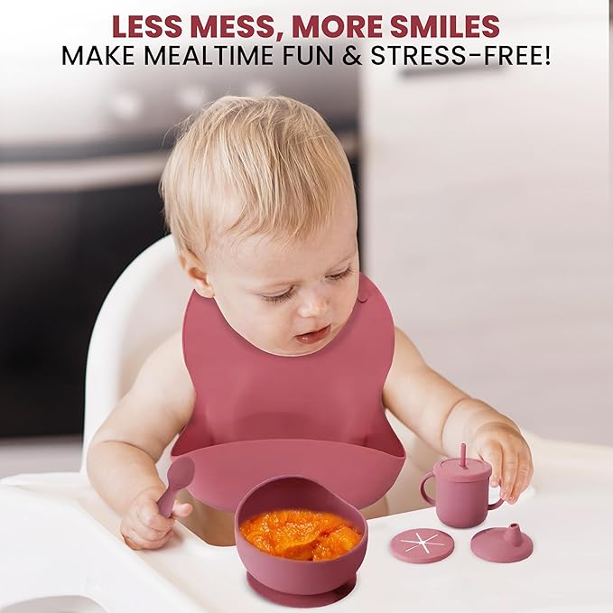 Silicone Baby Feeding Set 12-Piece BPA-Free Baby Led Weaning Kit for 6+ Months – Crab Suction Plate, Bowl, forks, spoons, Bib, Cup, lids & More – Gift Kraft Box – Baby Registry Pink