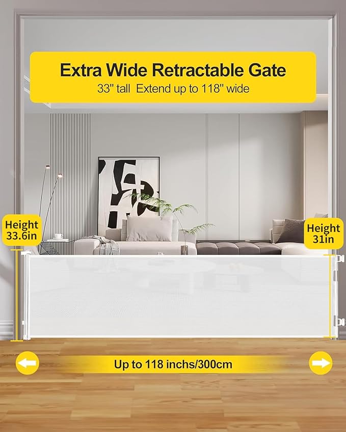 118 Inch Extra Wide Retractable Baby Gate,Mesh Large Baby Gate or Mesh Pet Dog Gate, Opening Wide Extra Long Child Safety Gate for Indoor Baby Fence, Outdoor, Stairs, Deck (White)