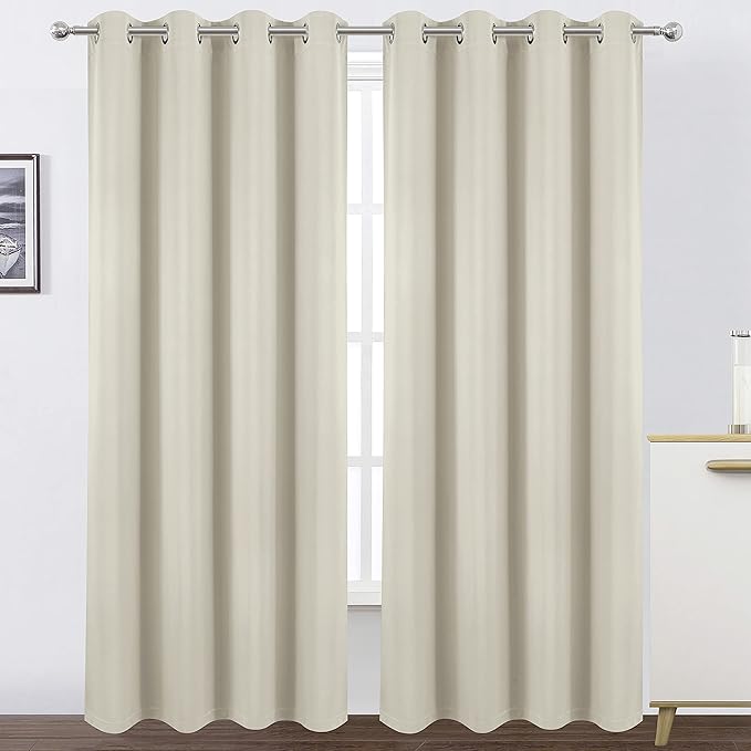 LEMOMO 100% Blackout Curtains with Black Liner/Light Beige Curtains 52 x 84 Inch/Set of 2 Panels Thermal Insulated Room Darkening Curtains for Bedroom