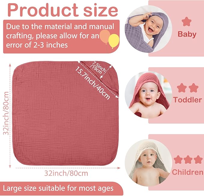 Peryiter 6 Pcs Muslin Hooded Baby Towels 32x32inch Cotton Newborn Bath Essentials Muslin Infant Blankets Absorbent Registry Baby Shower Present for Babies Girl Boy Kids (Brown Series)