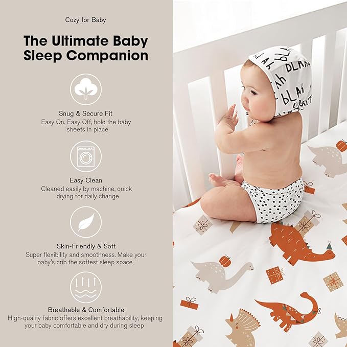 Bimocosy Pack and Play Sheets Fitted 4 Pack, 38 x 26 Inch Pack n Play Mini Crib Sheets for Boys and Girls, Soft Stretchy Playard Mattress Sheets for Graco Pack n Play, Dino Harvest