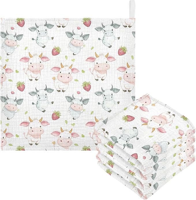 vvfelixl Cow Pink Cartoon Strawberry Baby Burp Cloths Baby Muslin Washcloths for Boys Girls Cotton Babys Face Towel for Newborn Infants Soft and Absorbent 11.8 X 11.8 in, 5 Pack