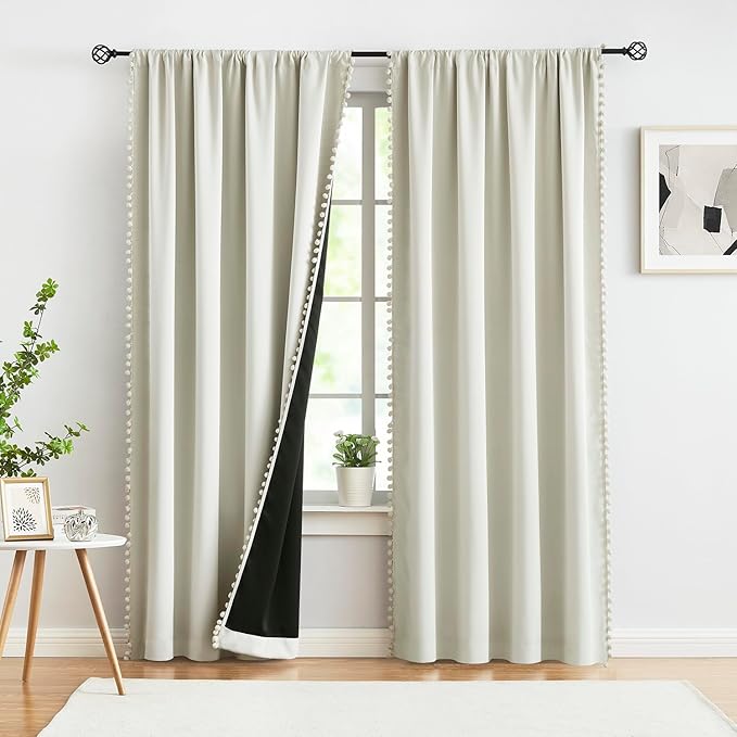 Treatmentex Natural Blackout Curtains for Bedroom Living Room 84inch Long Iovry/Beige Pom Pom Curtain Panels for Windows Thermal Insulated Curtains for Kids Nursery Room Rod Pocket 52" W x 2pcs