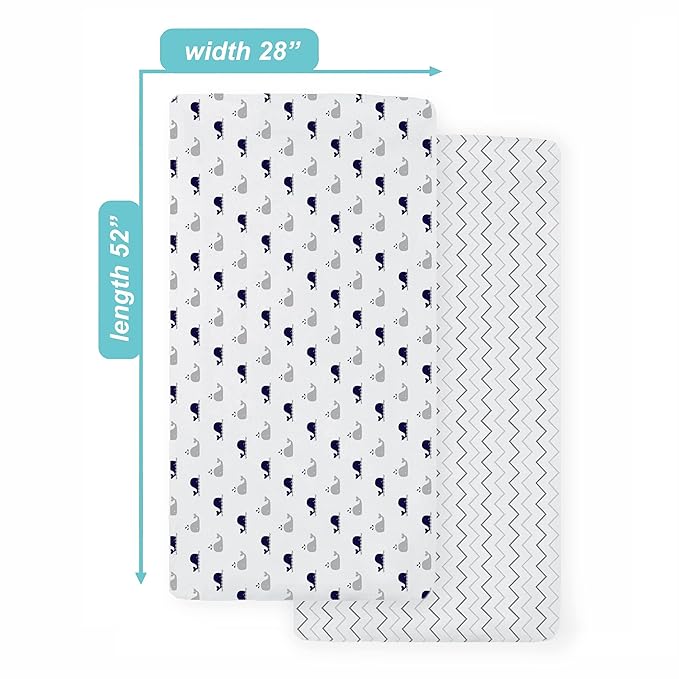 American Baby Company 2 Pack 100% Natural Cotton Fitted Crib Sheets 52" x 28" - Soft, Breathable, Hypoallergenic & Gentle Toddler Bed Sheets, Navy Whale/Grey Zigzag, Neutral for Boys & Girls