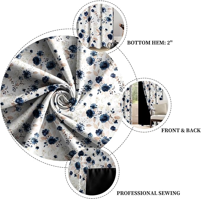 Renaiss Blue and White Floral Blackout Curtains Gold Line Rose Flowers Thermal Insulated Window Drapes for Bedroom 29W x 55L inches 2 Panel Set Window Curtain Panels for Kitchen