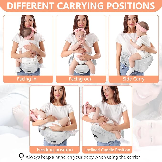 HKAI Baby Hip Carrier,Baby Carrier with Adjustable Waistband & Breathable Mesh, Ergonomic Carrier with Non-Slip Hip Seat Surface for Newborns & Toddlers (Light Grey)