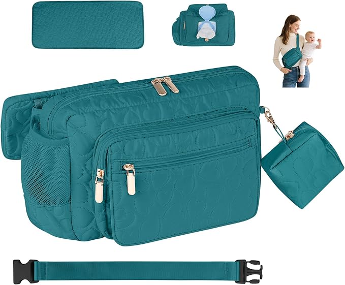 Rexmore Puffer Quilted Fanny Pack Diaper Bag for Mom - Women‘s Compact Crossbody Purse with Portable Changing Pad & Wipes Pouch, Travel & Quick Errand Baby Essentials Organizer (Dark Green)
