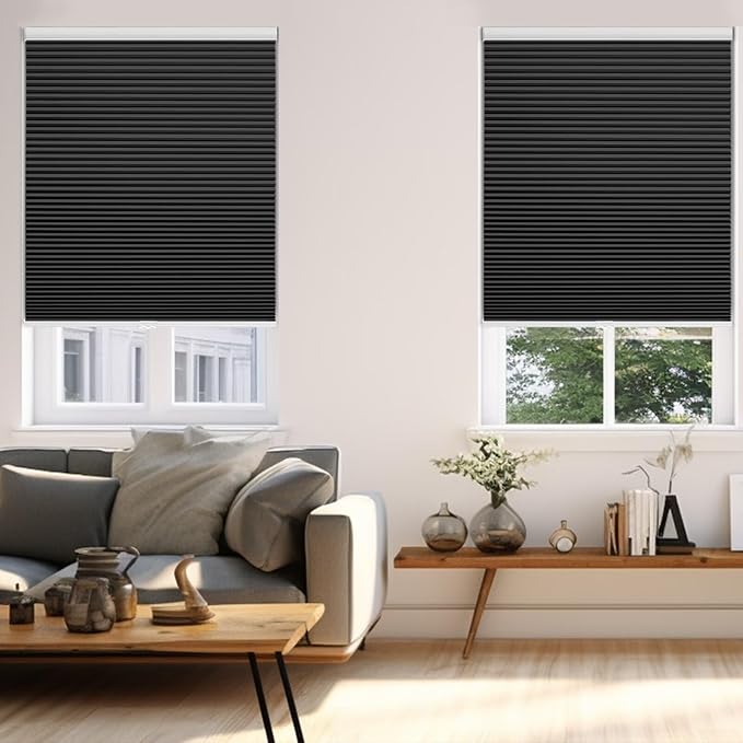 Changshade Blackout Blinds, Cordless Cellular Shades, Honeycomb Blackout Shades, Room Darkening Blinds, Pull Down Window Shades, Easy to Install Honeycomb Window Blinds, 44" W x 72" H, Black
