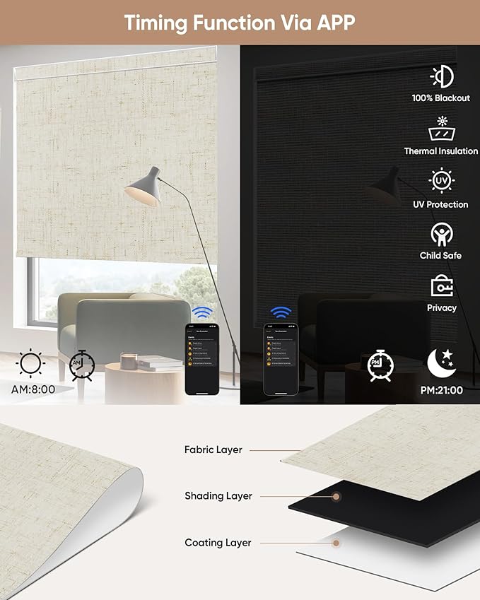 Kincmo Motorized Blinds with Remote,100% Blackout Motorized Roller Shades Work with Apple Homekit,Alexa,Google, Custom Electric Blinds with App,Voice Control (Linen Stone)