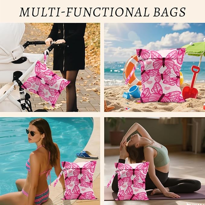 Butterfly Wet Bags 12x10 Inch, Pink Heart Waterproof Wet Dry Bags, Reusable Washable Travel Laundry Bag for Swimsuit Beach Diapers Dirty Yoga Gym Clothes, Butterfly Gifts for Women Friend Travelers
