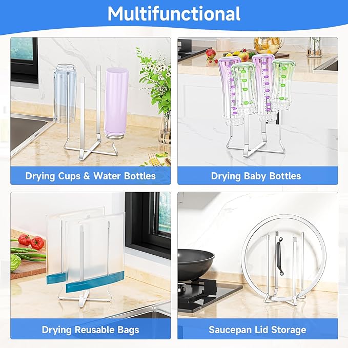 LOXSUN Water Bottle Drying Rack, Baby Bottle Dryer Rack, Stainless Steel Bottles Drying Rack, Collapsible Cup Rack Dryer, Kitchen Cup Storage for Travel Bottles, Reusable Bags (Silver)