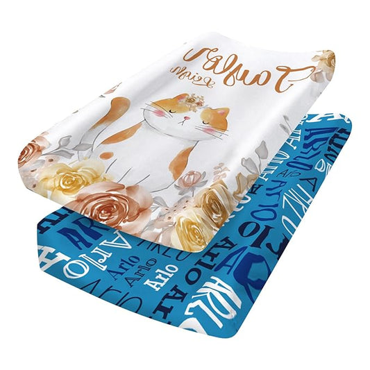 Custom Changing Pad Cover Set - Jersey Knit Ultra Soft Unisex Waterproof Diaper Changing Table Covers with Personalized Name for Baby Boys Girls - Comfy Cozy 2 Pcs Set Style08