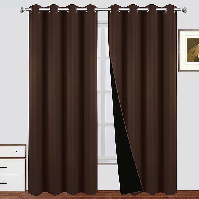 LEMOMO 100% Blackout Curtains 52 x 95 Inch Chocolate Brown Curtains 2 Panels Darkening Thermal Insulated Bedroom Curtains