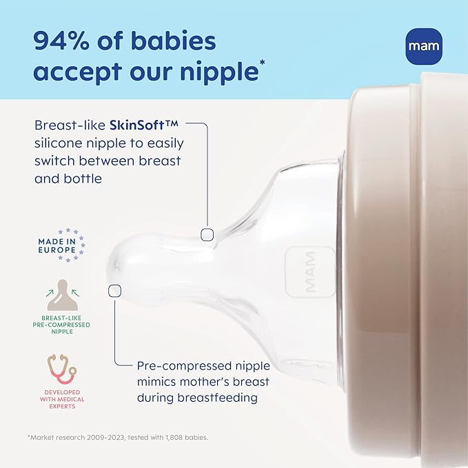MAM Easy Start Anti-Colic Baby Bottles, Extra Slow Flow, Breastfeeding-Like Silicone Nipple Bottle, Reduces Colic, Gas, & Reflux, Easy-to-Clean, BPA-Free, Vented Baby Bottles for Newborns, 0-3 Months