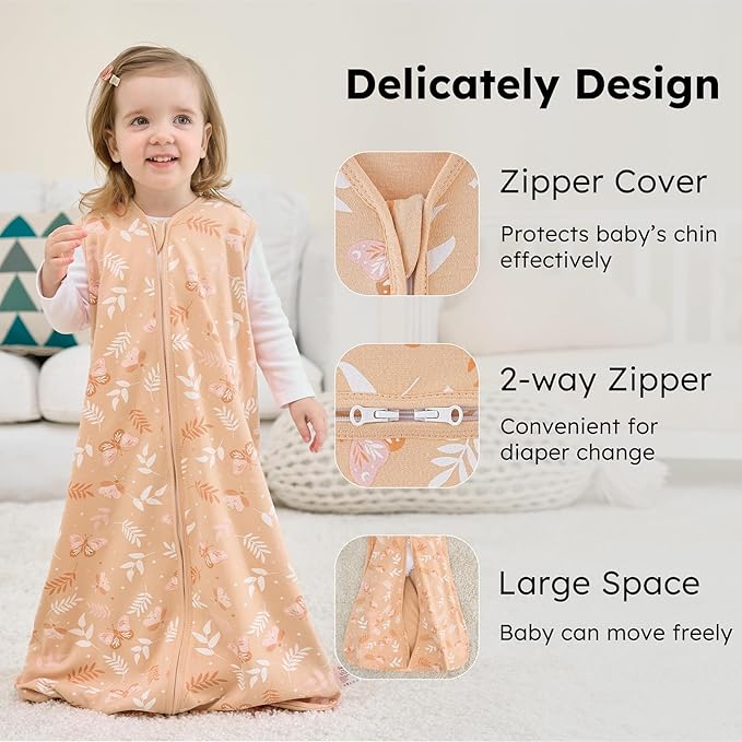 FIEMOL Baby Sleep Sack 0-6 Months, 100% Cotton Sleeping Sack for Newborn and Infant, 3 Pack Baby Wearable Blanket for Boy and Girl, 0.5 Tog Lightweight Double Zipper Sleep Bag Pink Orange Flower