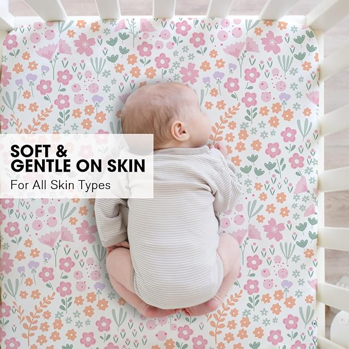 Little Grape Land Crib Sheets 2 Pack, Microfiber Fitted Crib Sheet for Standard Crib Mattress 52"x28"x8", Soft and Neutral Baby Crib Sheets for Boys and Girls, Breathable & Easy Care, Petal Meadow