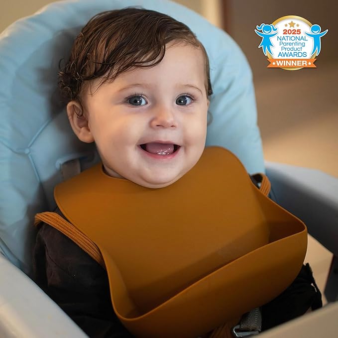 Moonkie Silicone Baby Bibs Set of 2, BPA Free Waterproof Baby Bibs for Eating, Soft Adjustable Silicone Bibs for Babies 6-12 Months, Toddler Bibs with Large Pocket Food Catcher (Dark Grey/Kodak)