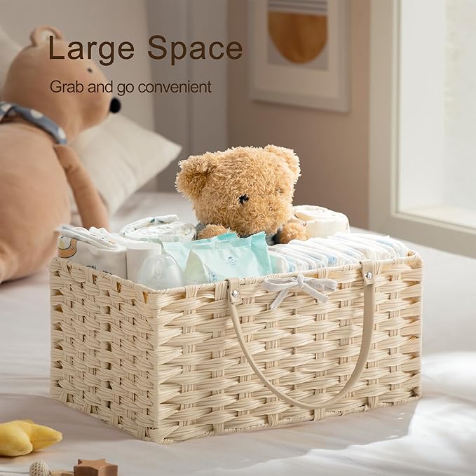 HBlife Diaper Caddy Organizer, Washable Waterproof, Portable Plastic Wicker Woven Basket with Divider, Nursery Diaper Station, Baby Shower Gifts Basket & Car Organizer