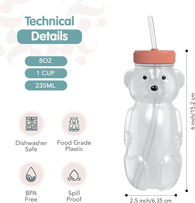 The 730 Project Honey Bear Straw Cup for Babies, 8-oz Honey Bear Cup with Lid, 3-Pack Therapy Learning Honeybear Straw, Baby Bottle Set, Firetruck RED