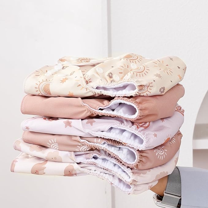CoolaPeach 12 Set Reusable Adjustable Cloth Diapers for Newborn to 0-3 Years,One Size Washable Pocket Nappy Covers for Baby Girl and Boy,6 Pack Cloth Diapers+6pcs Microfiber Inserts(Pink)