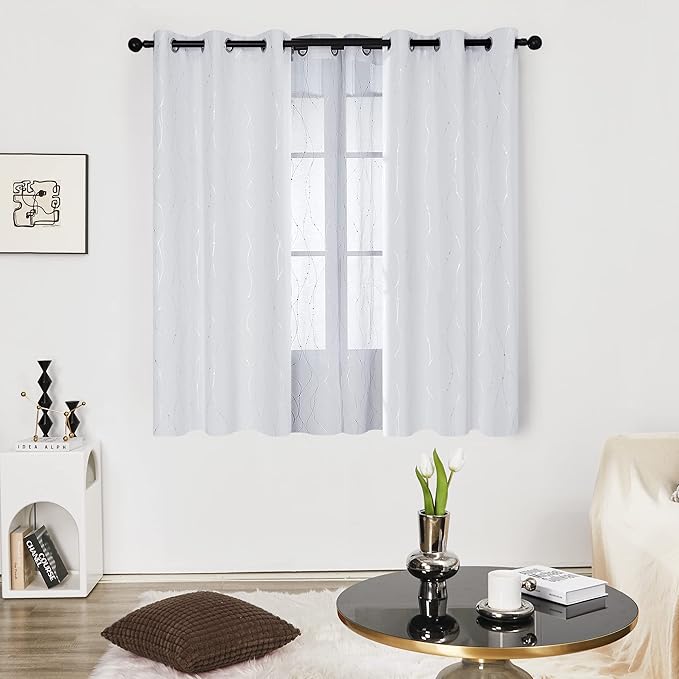 Deconovo Kitchen Curtains, Room Darkening Drapes, Thermal Insulated Soundproof Grommet Drape, Silver Wave Dots Print, 42 x 54 Inch, Machine Washable Window Panels for Small Windows Nursery, Set of 2