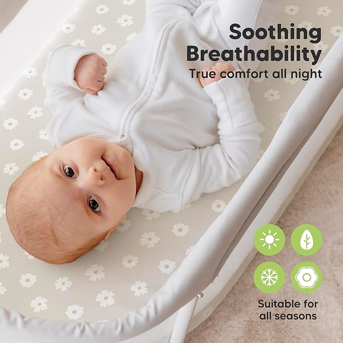 2-Pack Organic Bassinet Sheets for Girls, Boys - 100% Cotton Bassinet Mattress Sheets Compatible with Halo Bassinest Swivel Sleeper, Graco, Baby Delight, Chicco, Unisex Fitted Bassinet Sheets (Meadow)