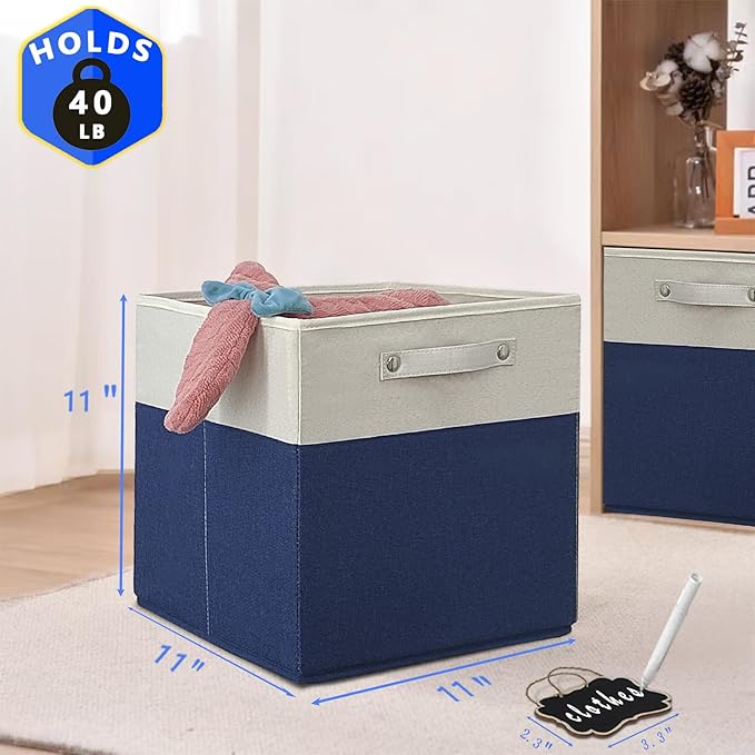 11 x 11 storage cubes,Set of 4 Collapsible Fabric Storage Cubes with Labels,Linen Cube Storage Organizer Bins Kallax Storage Cubes for Organizing Home,Shelves,Nursery Toys,Clothes(White Blue).