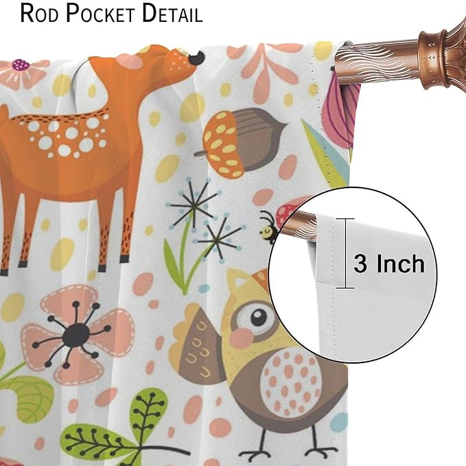 Forest Animals Kids Curtains, Watercolor Wild Rustic Bear Fox Deer Children Cartoon Window Treatments for Living Room, Watercolor Blackout Drapes 2 Panel Sets,55x63 Inch
