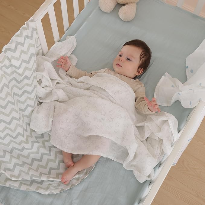 Muslin Swaddle Blankets for Boys & Girls, Receiving Baby Blanket for Newborns, Large 47 x 47 Inches, Soft Breathable Baby Swaddles, 4 Pack Stars & Striped