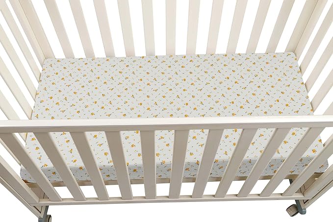Onacosht Muslin Crib Sheets for Boys Girls, Soft Breathable 100% Cotton Baby Fitted Sheet 52" x 28" for Standard Toddler Crib Mattress, 2 Pack, Beige and Yellow Floral