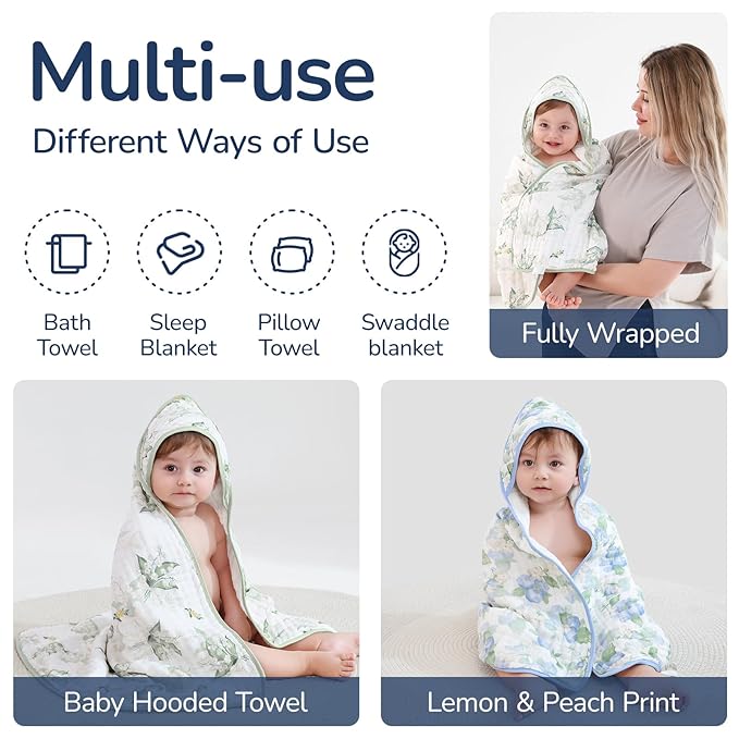 Muslin Hooded Baby Towels 2 Pack, Ultra Soft & Absorbent Baby Bath Towels, Bath & Beach Essentials, Shower Gifts for Newborns, Babies, Infant, Toddler - 32x32 Inch (Floral & Blueberry)