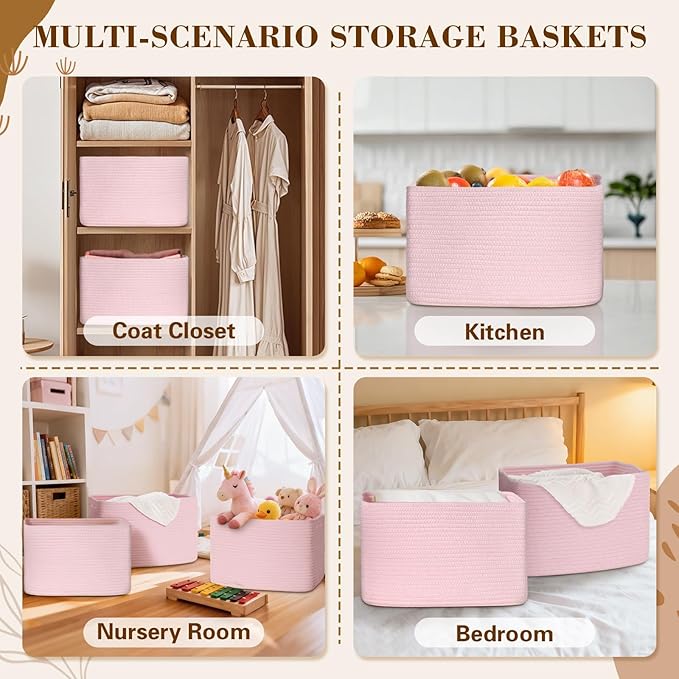 Woven Storage Baskets, Pink Baskets for Organizing, 3 Pack Woven Basket for Storage, Storage Baskets for Shelf, Towel, Toy, Book, Closet, Baby 15"×10"×9"