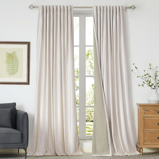 100% Blackout Ivory Off White Velvet Curtains 102 inch Long for Living Room,Set of 2 Panels Liner Rod Pocket Back Tab Thermal Window Drapes Room Darkening Heavy Decorative Curtains for Bedroom