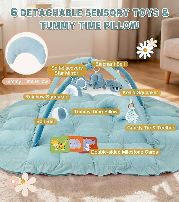 5-in-1 Baby Play Gym and Tummy Time Mat, Tummy Time Pillow & 12 Learning Cards, Plush Activity Mat with 6 Toys, Baby Gym, Convertible to Ball Pit, Baby Gift, Blue