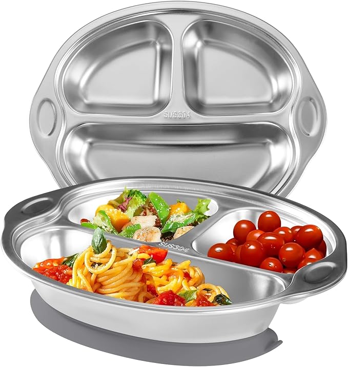 Mrs. Chou Stainless Steel Baby Suction Plates: Divided Plates for Babies and Toddlers, Made of 100% Food-Grade Materials Ideal for Baby-Led Weaning BPA-Free Toddler Feeding Dishwasher Safe Gray