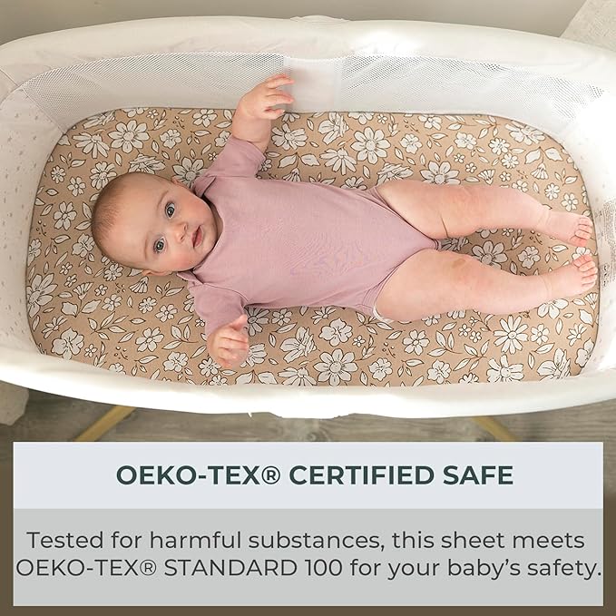 Pobibaby – 2 Pack Bassinet Sheets Girl, Bassinet Sheets Cotton for Girls and Floral Nursery for Standard Rectangle Bassinets – Ultra-Soft Jersey Knit, Safe and Snug for Baby (Meadow)