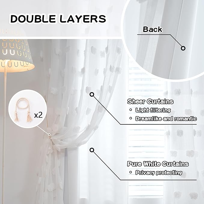 MYSKY HOME Light Blocking White Curtains for Living Room White Sheer Pom Pom Kids Room Decor Drapes 102 Inches Long Double Layer Curtain for Sliding Door Grommet Window Panels Set of 2 52" x 102"