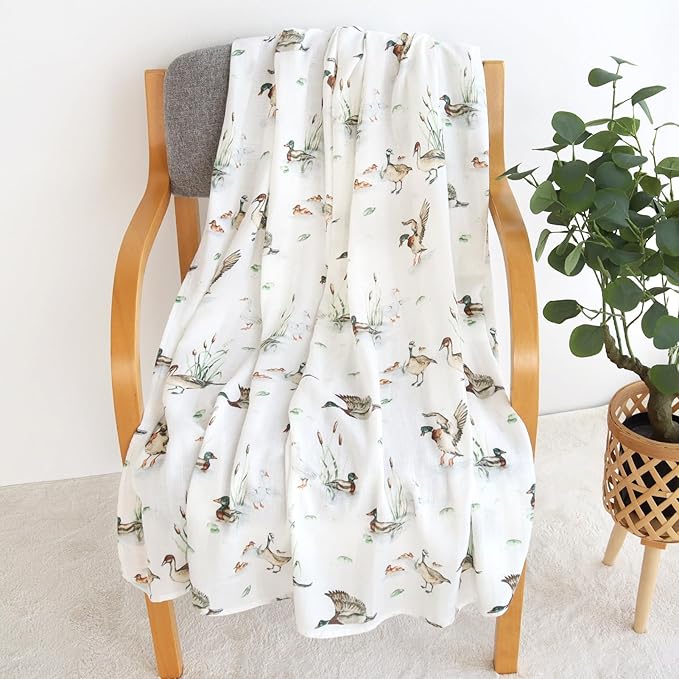 LifeTree Baby Swaddle Blankets, Muslin Swaddle Blankets Boys Girls Swaddling Wrap Receiving Blanket for Newborn, 70% Viscose Bamboo and 30% Cotton, Large 47" x 47", Mallard Duck Pattern